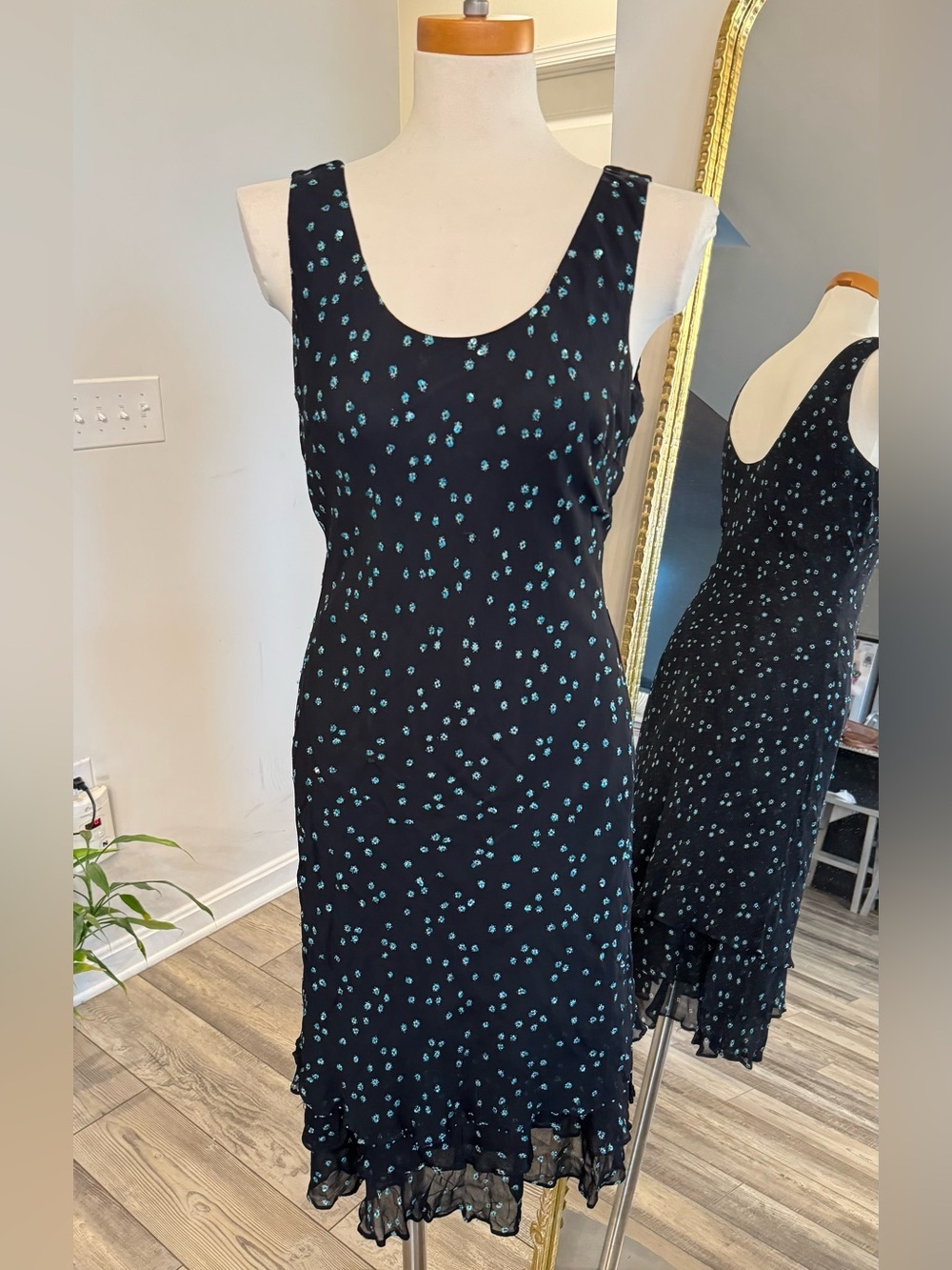 dressbarn Black Midi Dress with Teal Floral Print
